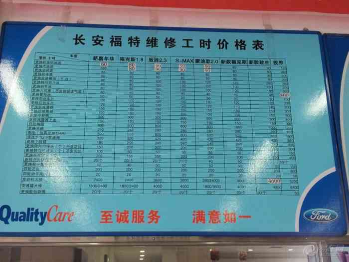 【福特4s店的配件工时价目表以及建议的养护