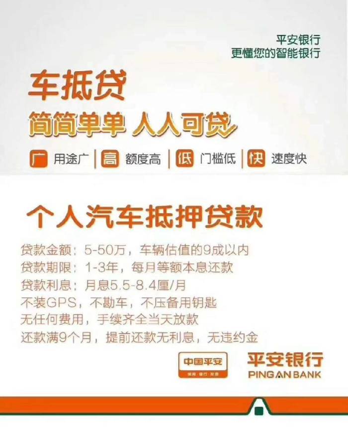 18229022640【平安银行车抵贷 1月均